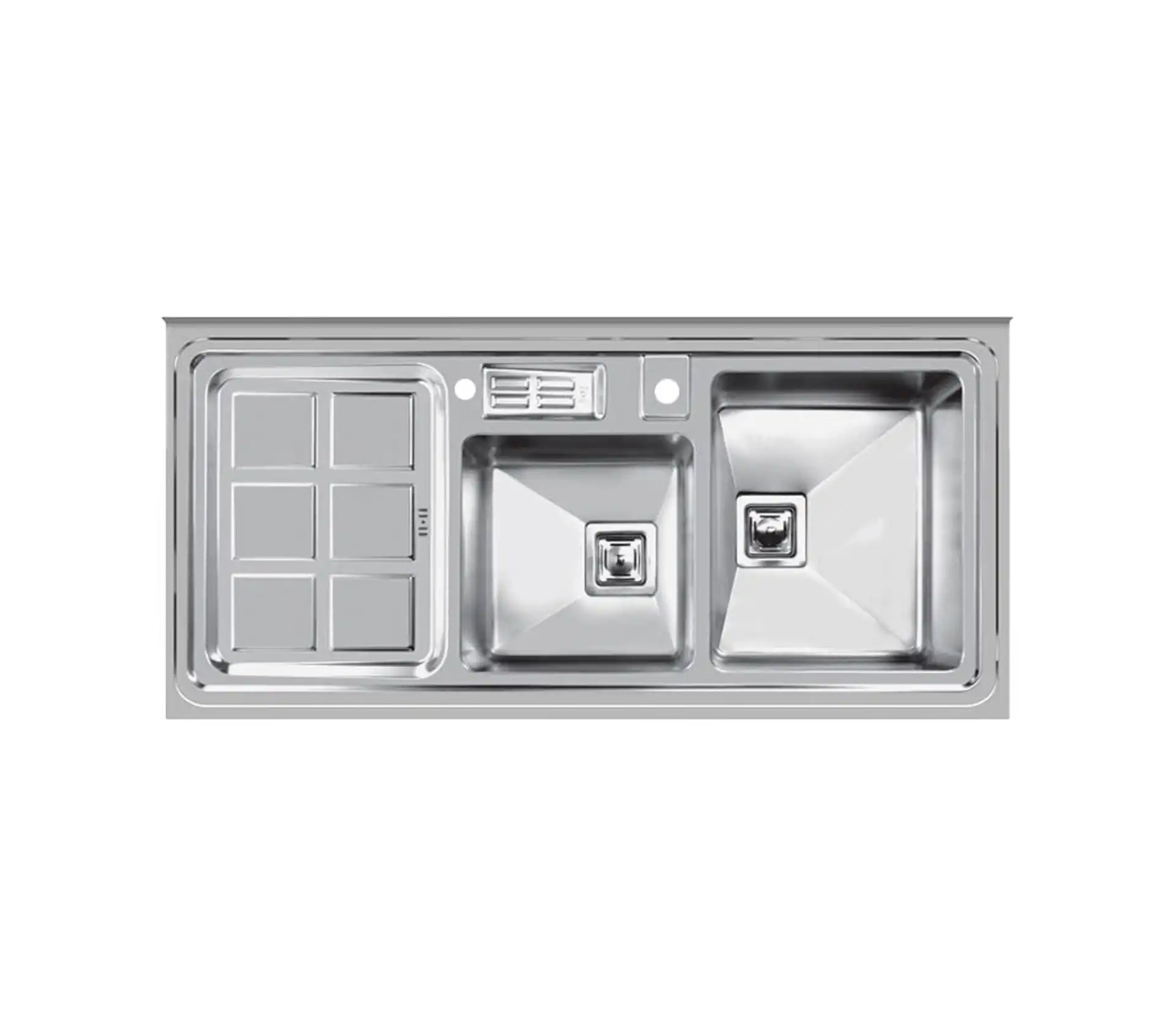 Akhwan built-in sink made of steel, 2 basins, with passion fruit, code 320, basin depth 20 cm 1 سینک توکار اخوان جنس استیل 2 لگنه با میوه شور کد 320 با عمق لگن 20 سانتیمتر
