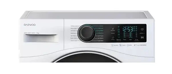 پنل و صفحه نمایش ماشین لباسشویی رنگ سفید 9 کیلویی دوو مدل SE991C از نمای جلو
