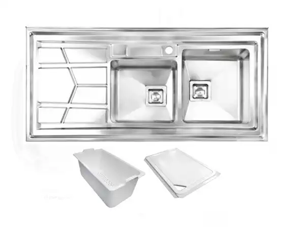 سینک توکار اخوان جنس استیل 2 لگنه با میوه شور کد 303s با عمق لگن 20 سانتیمتر