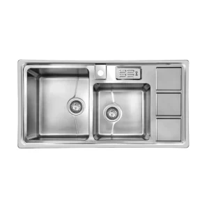سینک توکار اخوان جنس استیل 2 لگنه با میوه شور کد 328s با عمق لگن 20 سانتیمتر