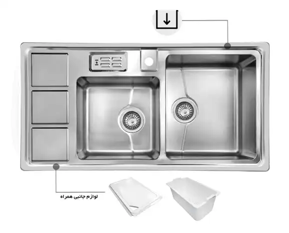 سینک توکار اخوان جنس استیل 2 لگنه با میوه شور کد 328s با عمق لگن 20 سانتیمتر