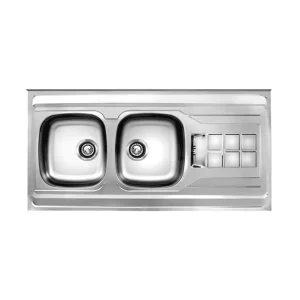 سینک توکار اخوان جنس استیل 2 لگنه با میوه شور کد 150 با عمق لگن 14 سانتیمتر