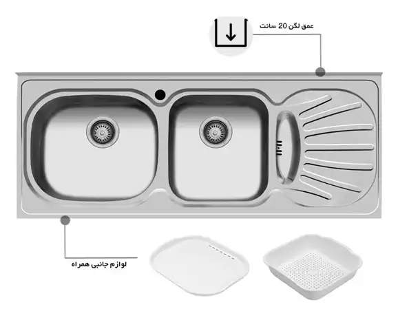 سینک توکار اخوان جنس استیل 2 لگنه با میوه شور کد 36 با عمق لگن 17 سانتیمتر