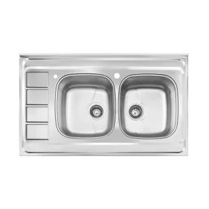 سینک توکار اخوان جنس استیل 2 لگنه با میوه شور کد 372s با عمق لگن 16 سانتیمتر