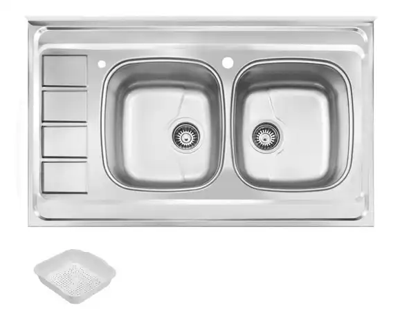 سینک توکار اخوان جنس استیل 2 لگنه با میوه شور کد 372s با عمق لگن 16 سانتیمتر