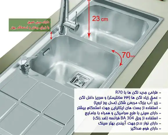 سینک توکار اخوان جنس استیل 2 لگنه با میوه شور کد 500 با عمق لگن 22 سانتیمتر