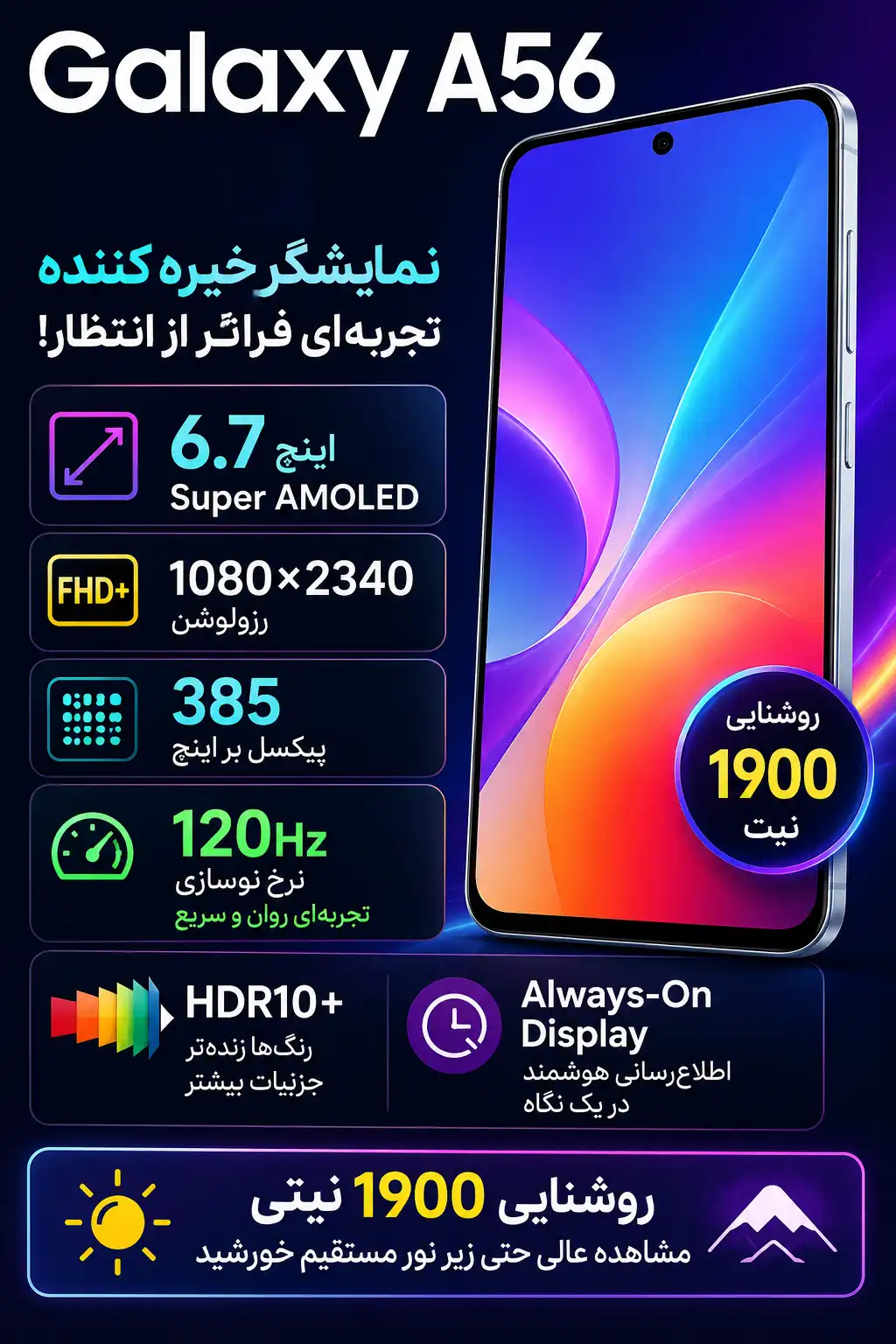 مشخصات صفحه نمایش گوشی موبایل سامسونگ مدل Galaxy A56 دو سیم کارت ظرفیت 128 گیگابایت و رم 8 گیگابایت